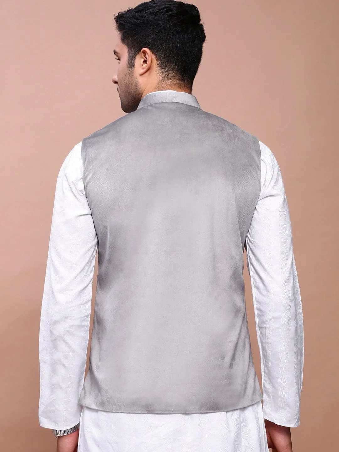 Men Grey Woven Design Slim Fit Nehru Jackets