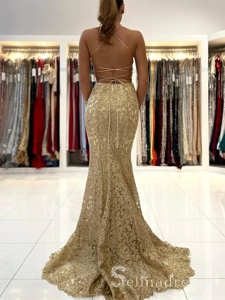 Mermaid Spaghetti Straps Prom Dresses Gold Long Prom Dress Lace Evening Dress CBD234