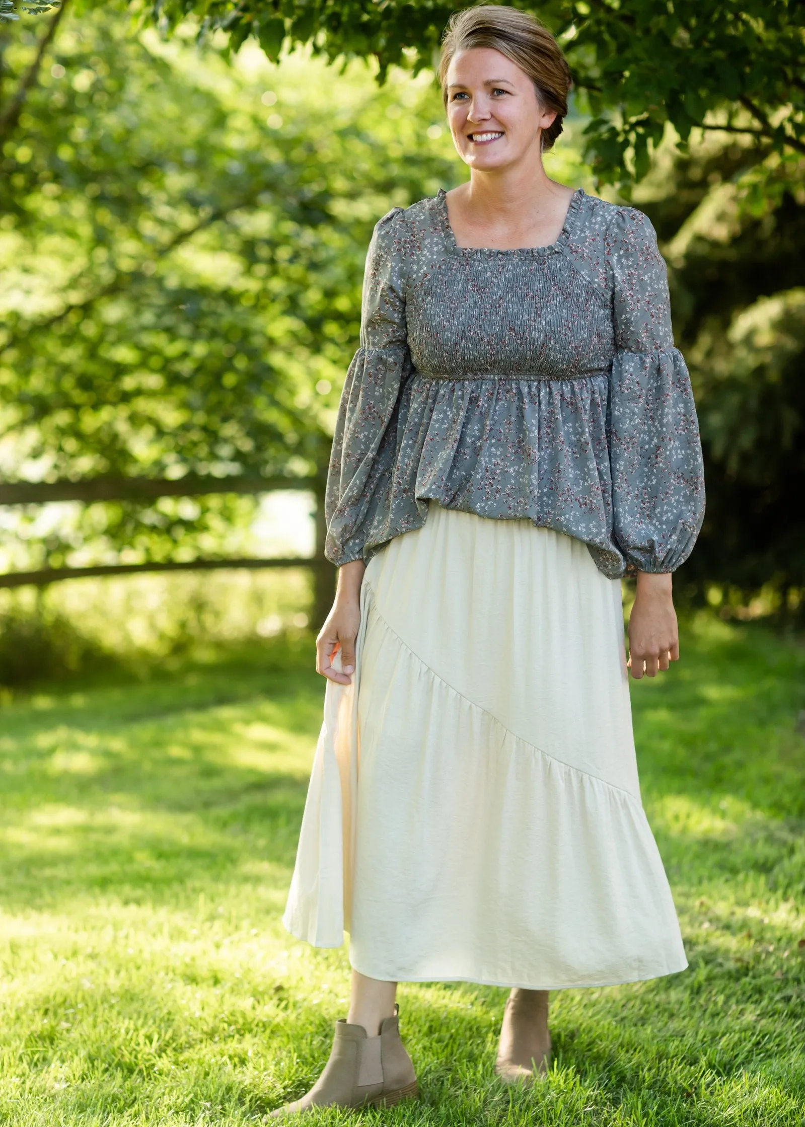 Sage Floral Print Smock Bodice Square Neck Top - FINAL SALE