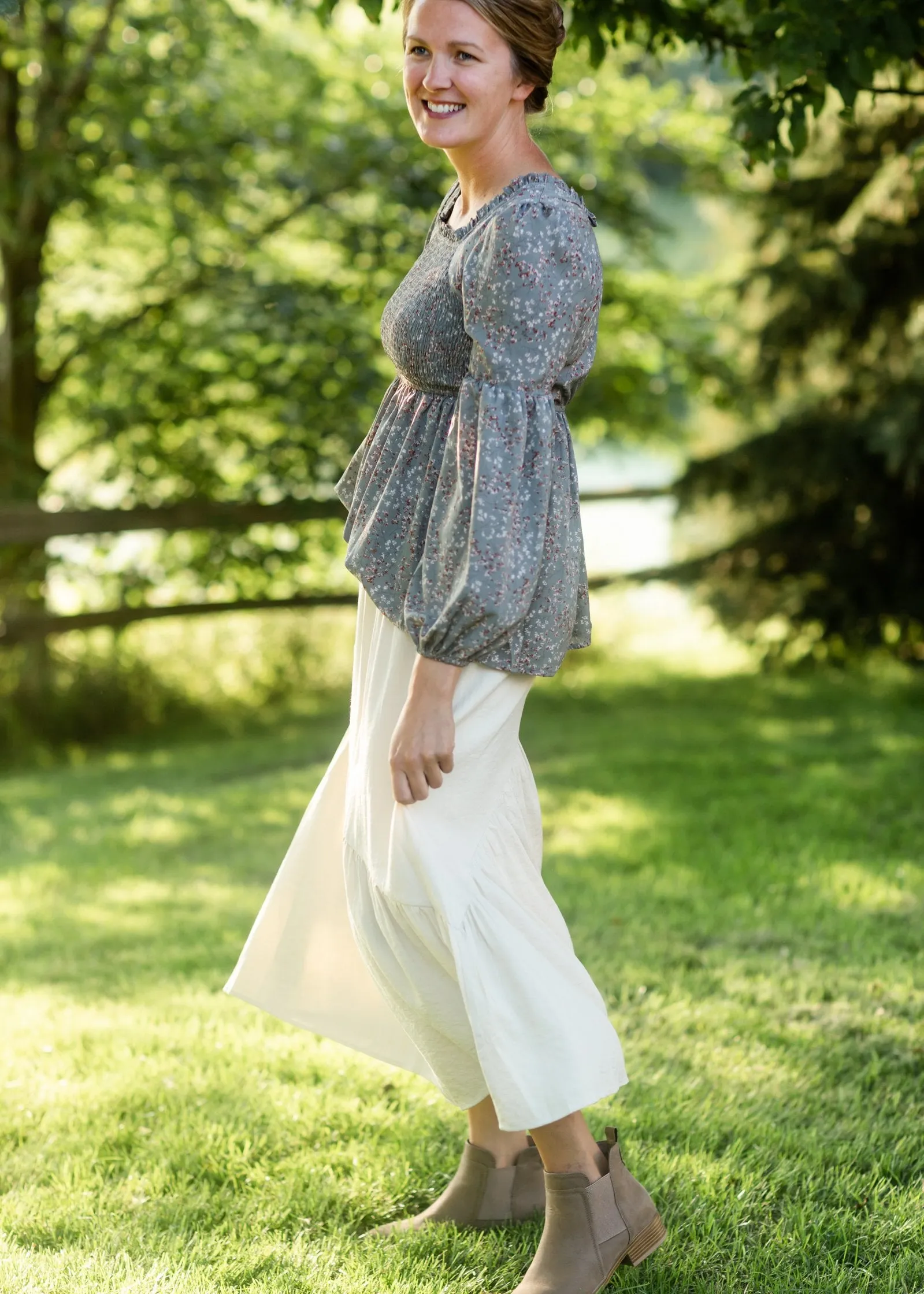 Sage Floral Print Smock Bodice Square Neck Top - FINAL SALE