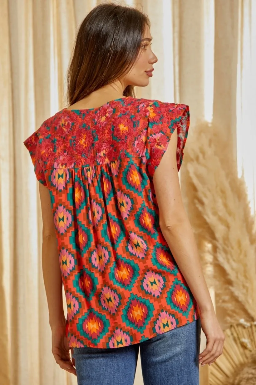 Savanna Jane Multi Colored Aztec Embroidered Flutter Sleeve Top
