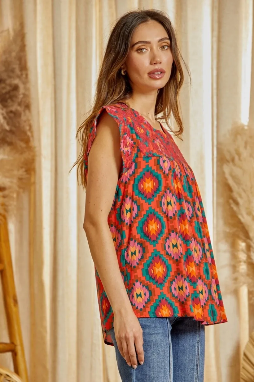 Savanna Jane Multi Colored Aztec Embroidered Flutter Sleeve Top