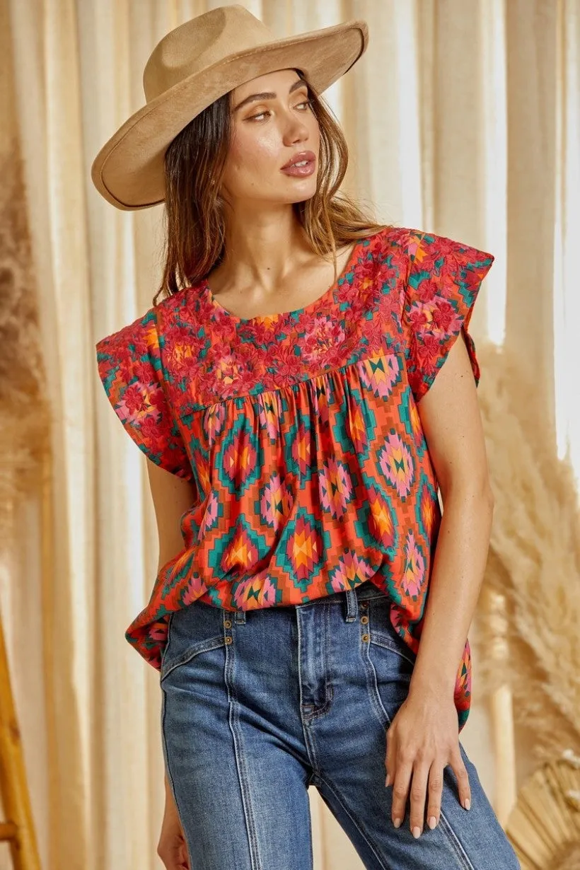 Savanna Jane Multi Colored Aztec Embroidered Flutter Sleeve Top