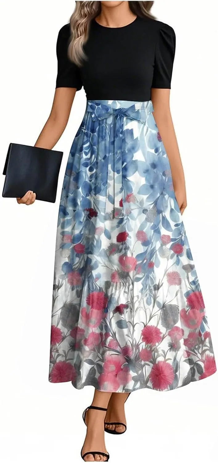Summer Maxi Dress Church Dresses for Women 2025 Short Sleeve Crewneck Empire Waist Dress Aline Flowy Vacation Dresses