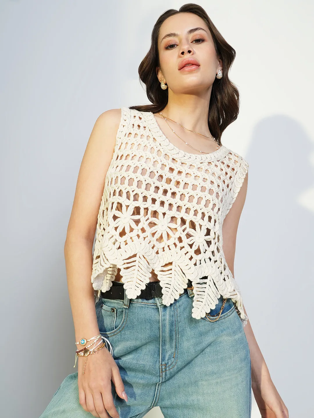Women Cream Cotton Sleeveless Crochet Crop Top