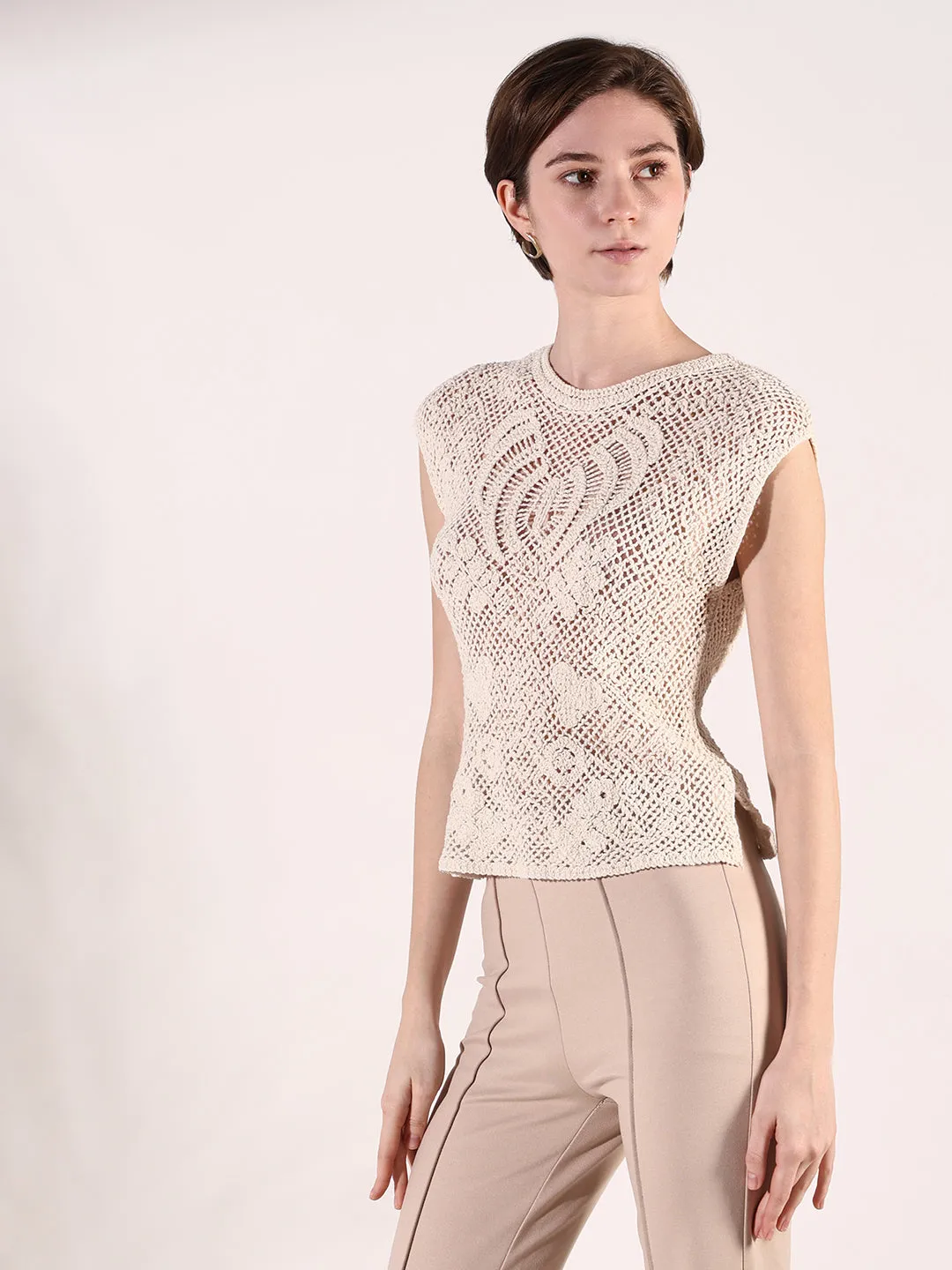Women Cream Round Neck Sleeveless Crochet Top