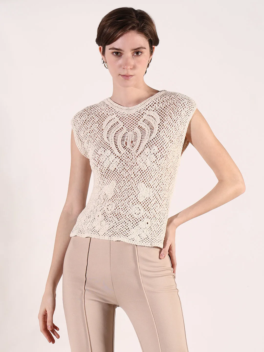 Women Cream Round Neck Sleeveless Crochet Top