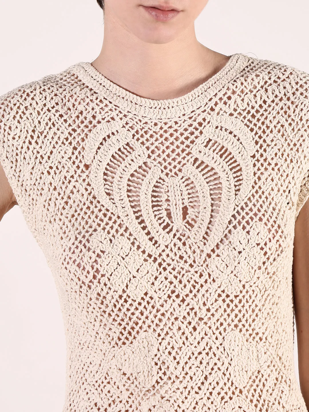 Women Cream Round Neck Sleeveless Crochet Top