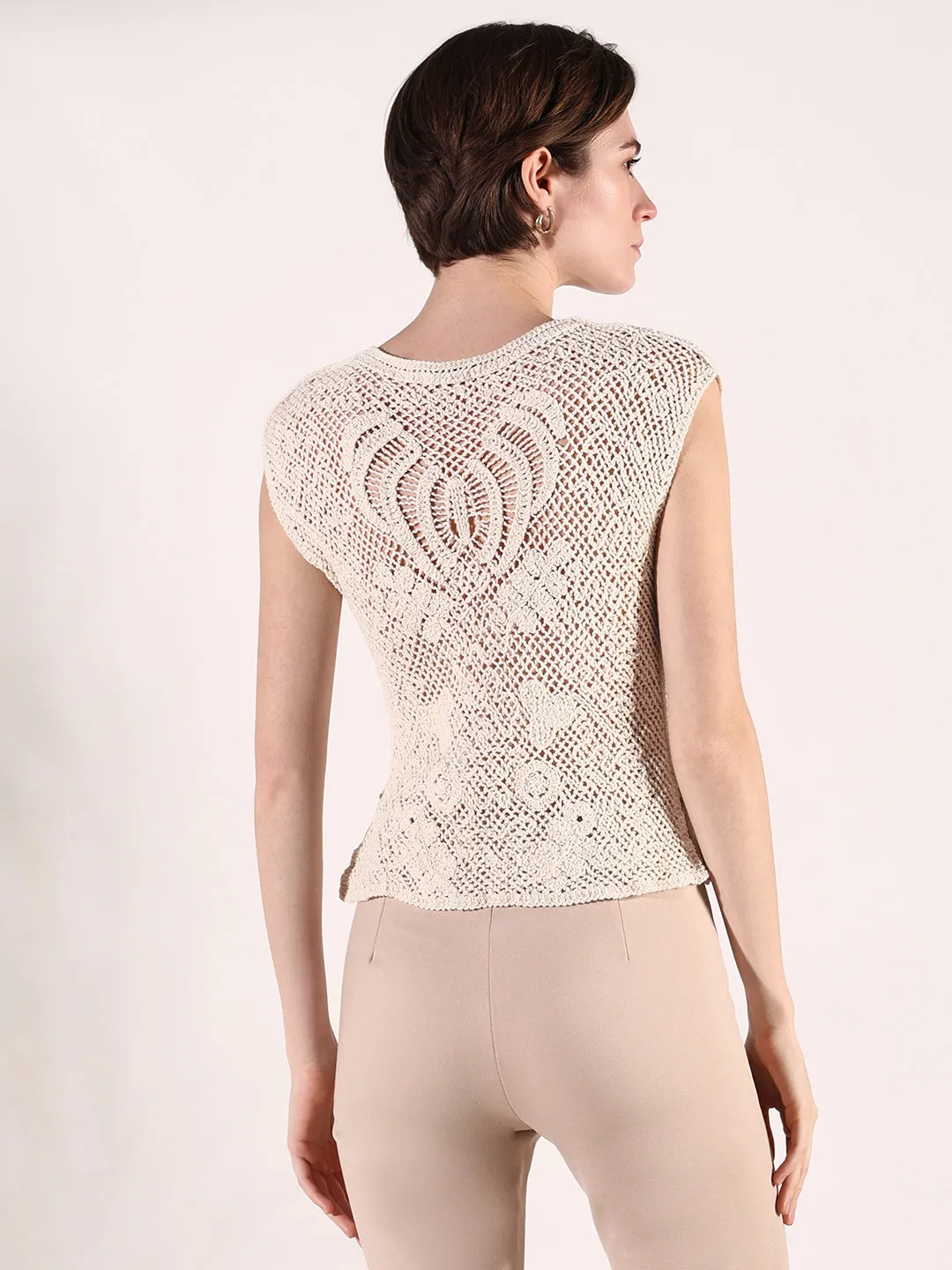 Women Cream Round Neck Sleeveless Crochet Top