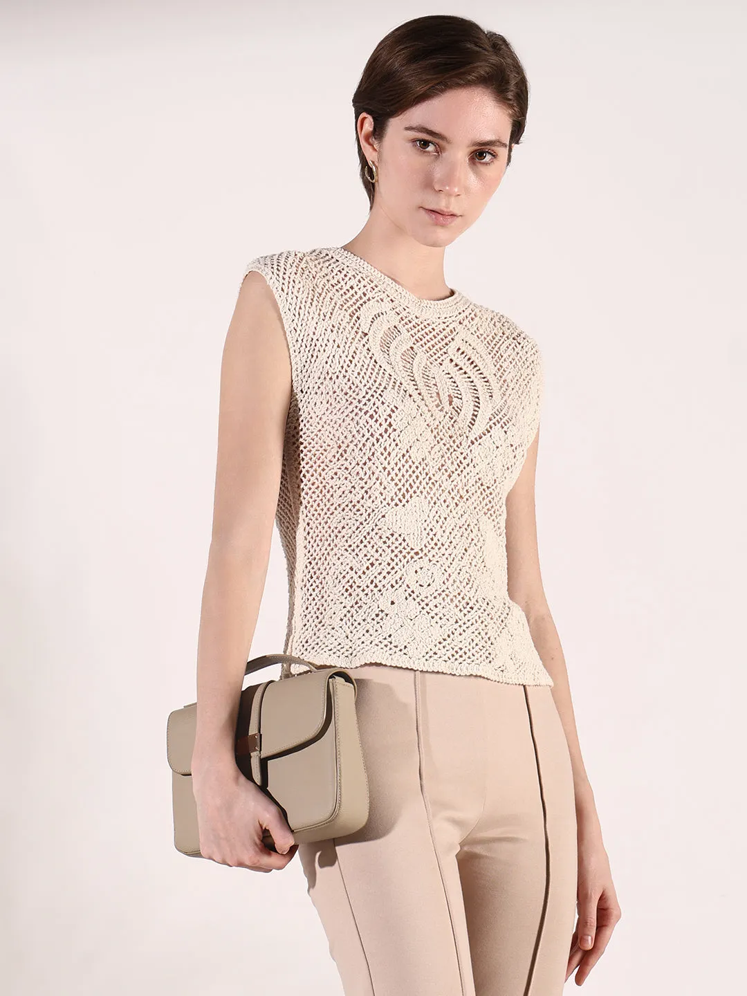 Women Cream Round Neck Sleeveless Crochet Top