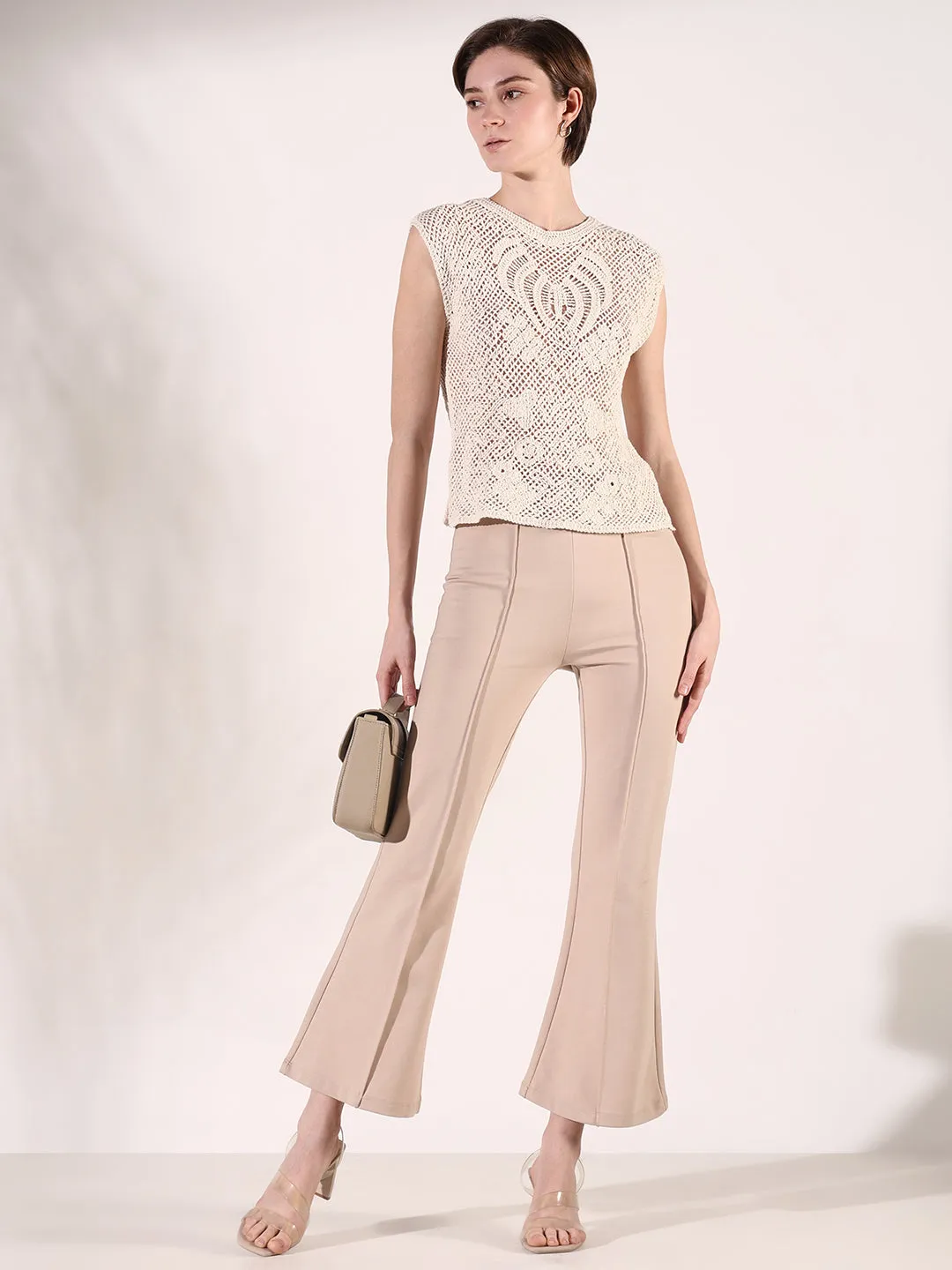 Women Cream Round Neck Sleeveless Crochet Top