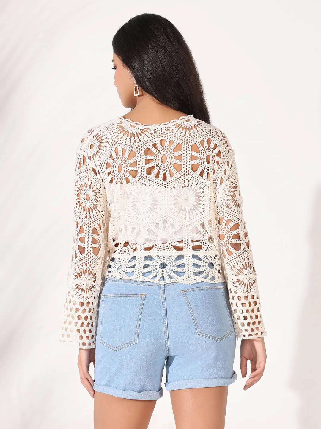 Women Cream Self Design Bell Sleeve Crochet Top