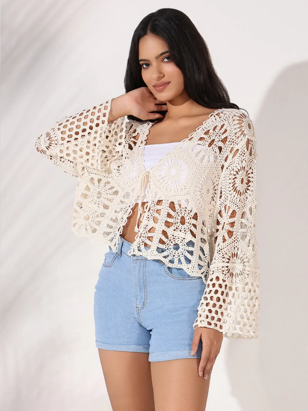 Women Cream Self Design Bell Sleeve Crochet Top