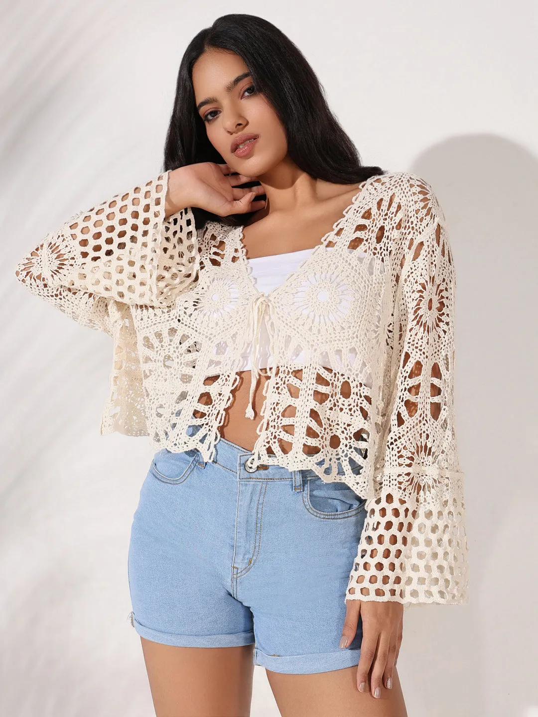 Women Cream Self Design Bell Sleeve Crochet Top