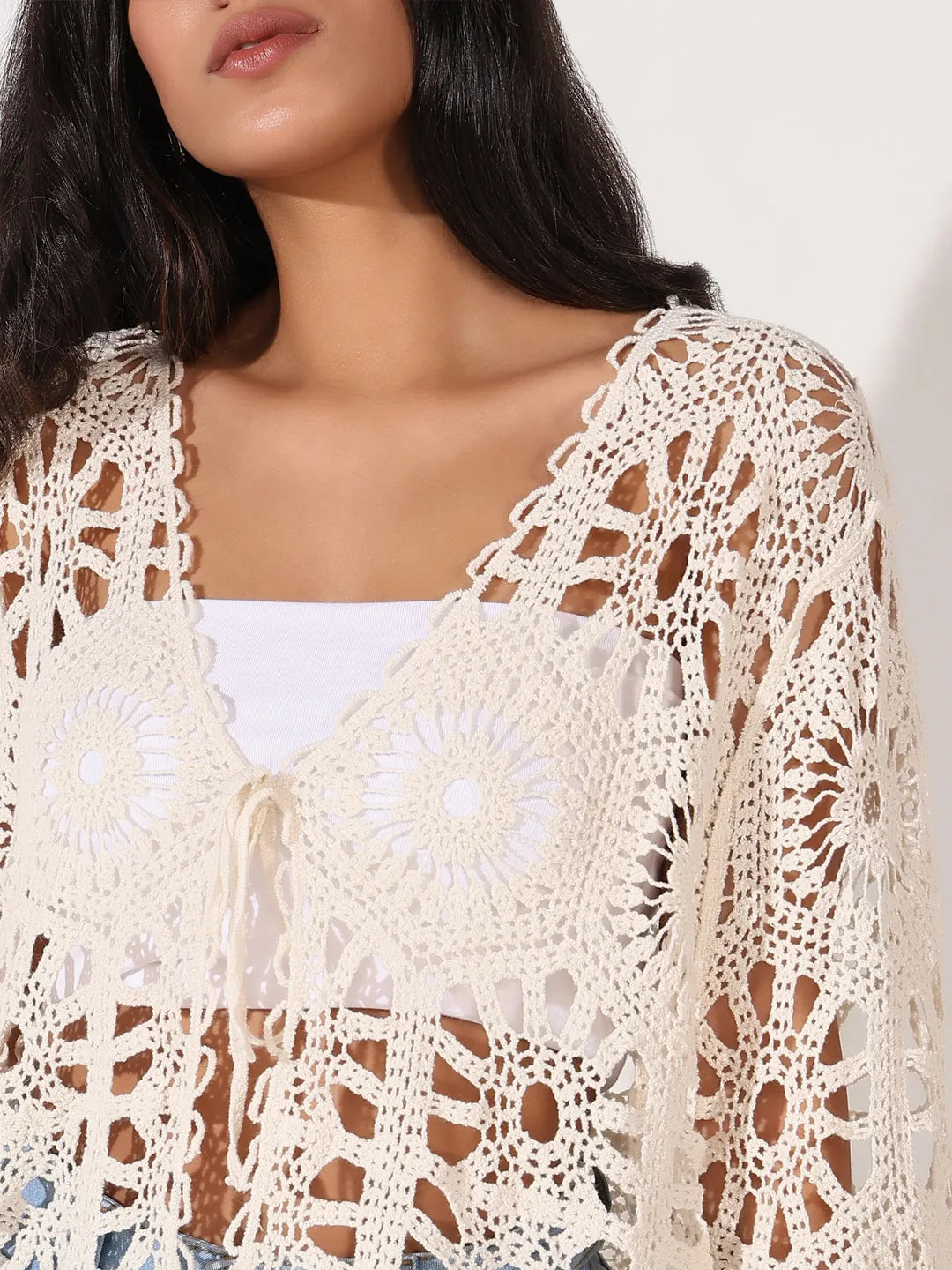 Women Cream Self Design Bell Sleeve Crochet Top