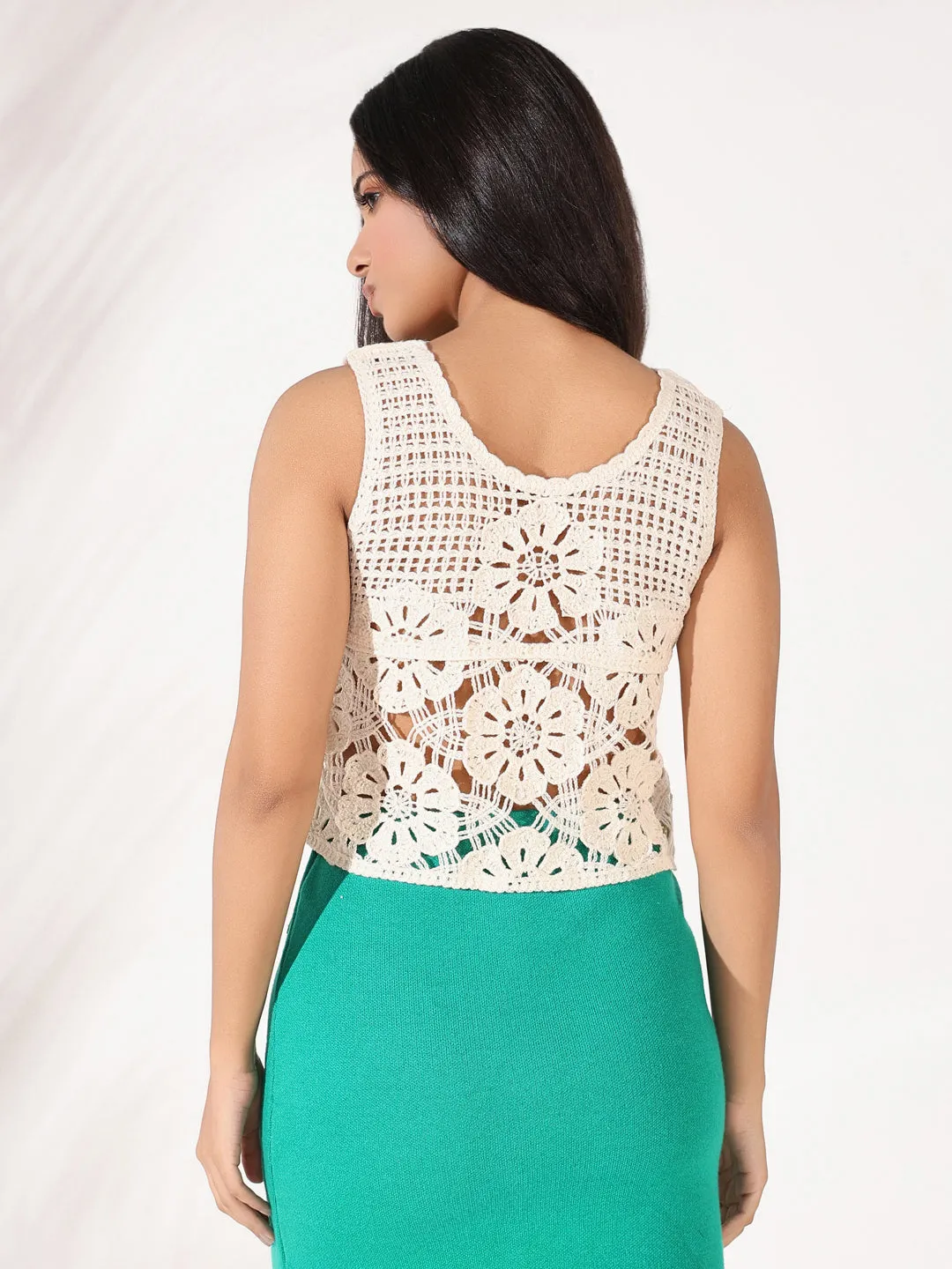 Women Cream Self Design Crochet Crop Top