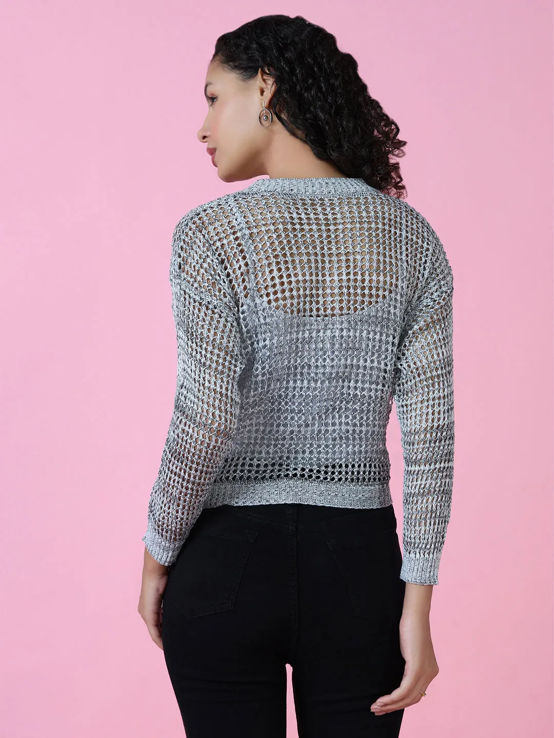 Women Grey Self Design Round Neck Acrylic Top