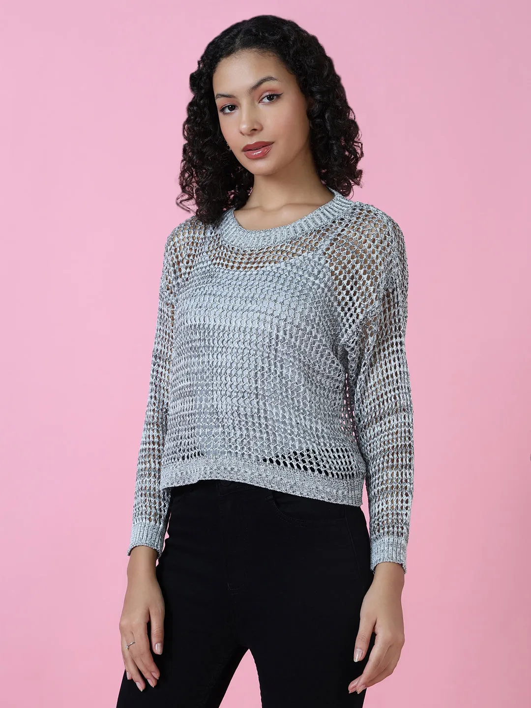 Women Grey Self Design Round Neck Acrylic Top
