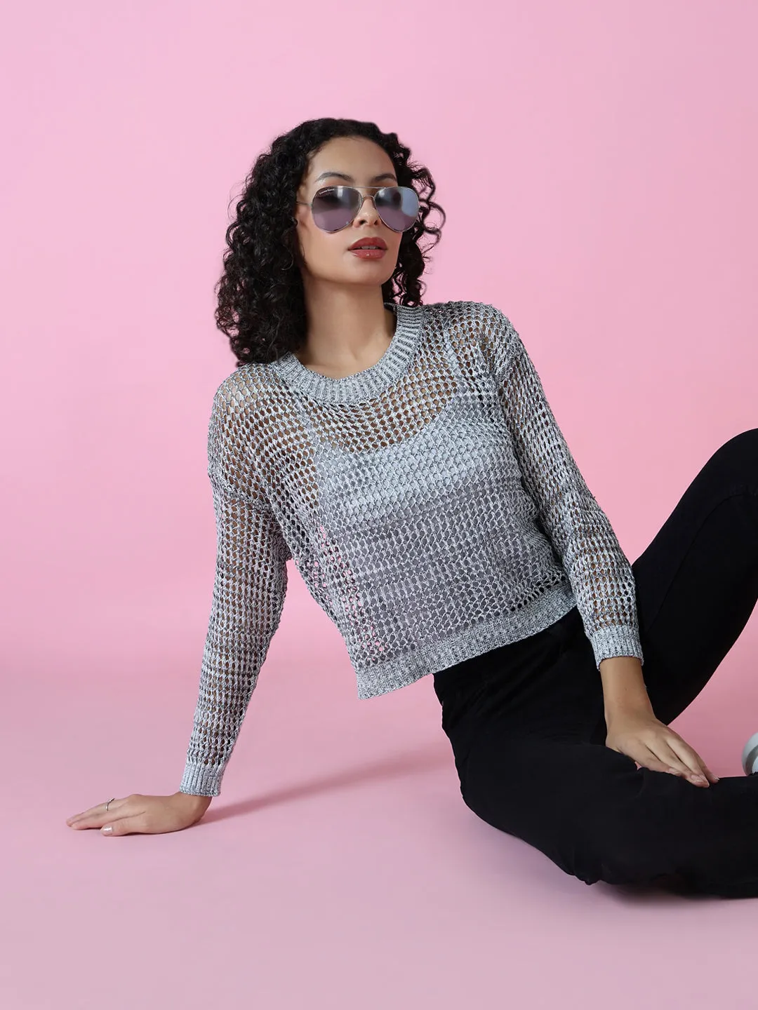 Women Grey Self Design Round Neck Acrylic Top