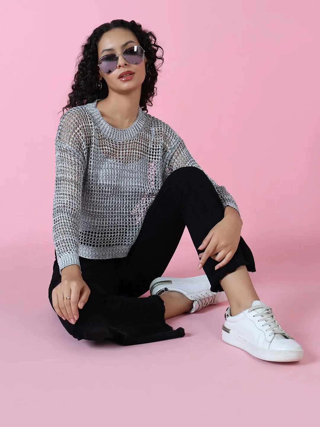 Women Grey Self Design Round Neck Acrylic Top