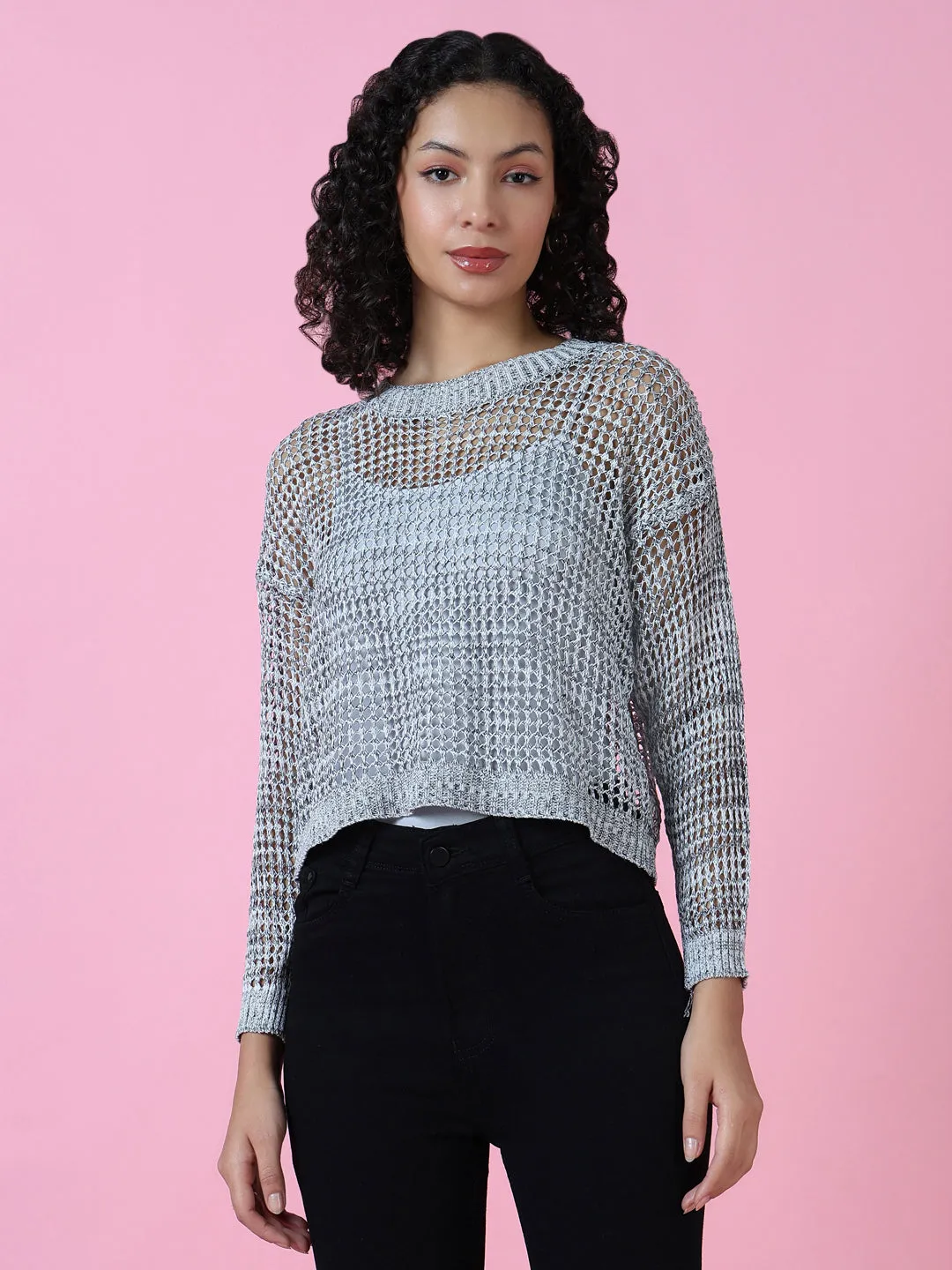Women Grey Self Design Round Neck Acrylic Top