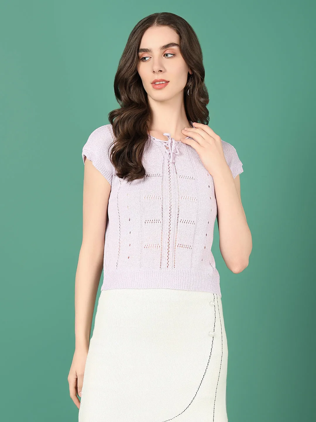 Women Lavender Extended Sleeves Crochet Top