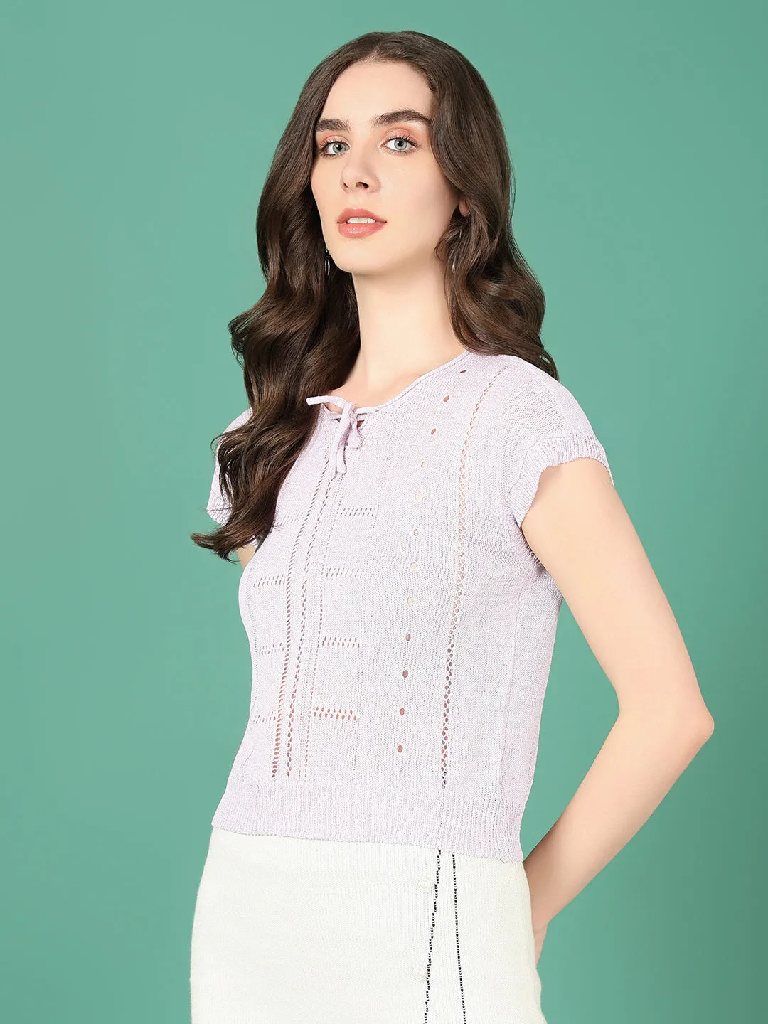 Women Lavender Extended Sleeves Crochet Top