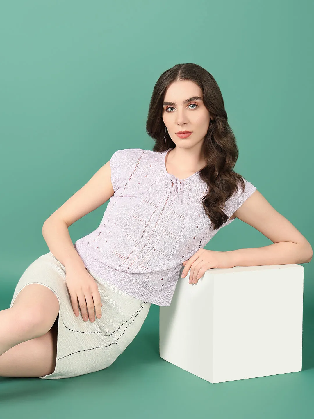 Women Lavender Extended Sleeves Crochet Top