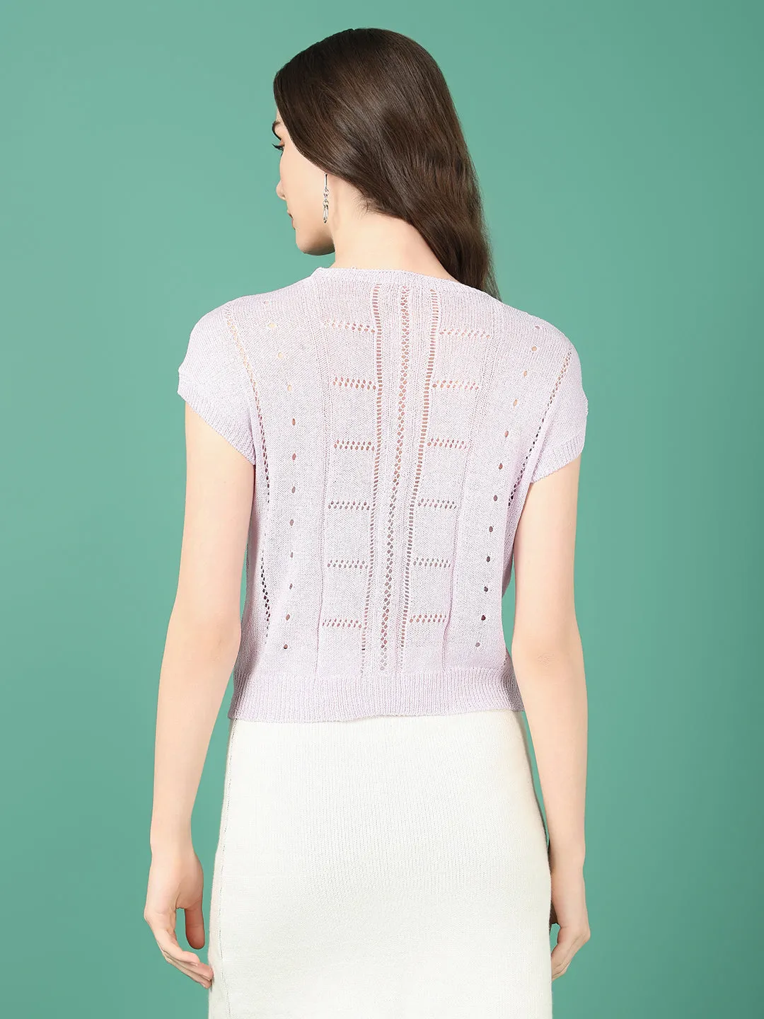 Women Lavender Extended Sleeves Crochet Top