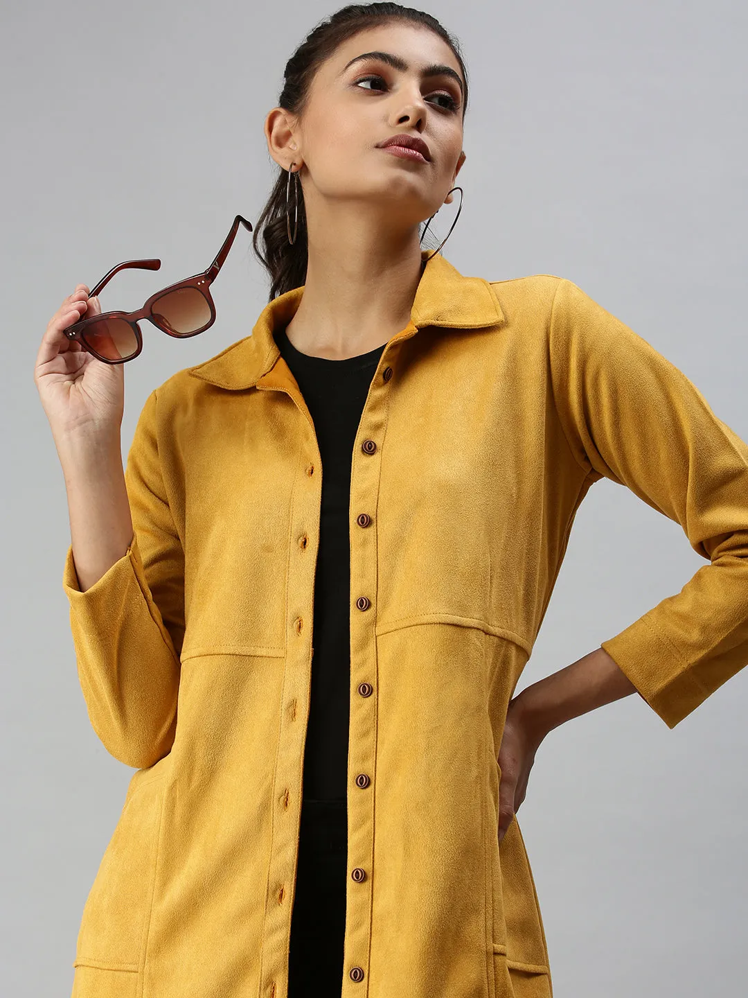 Women Mustard Suede Overcoat