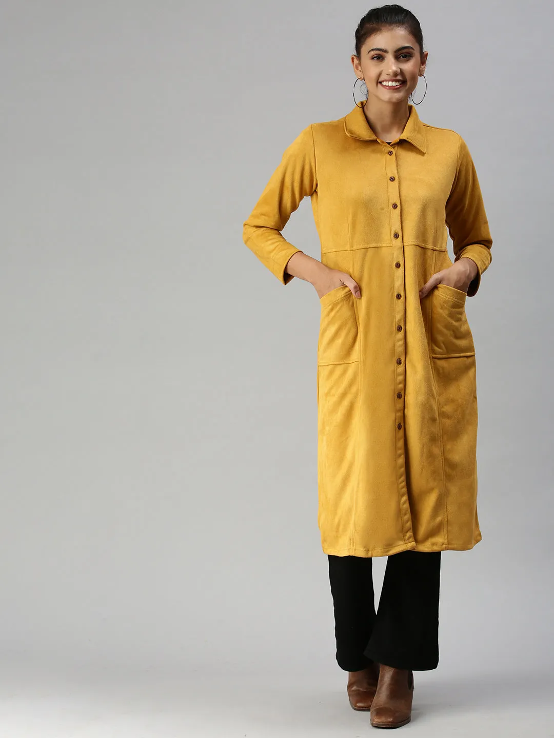 Women Mustard Suede Overcoat
