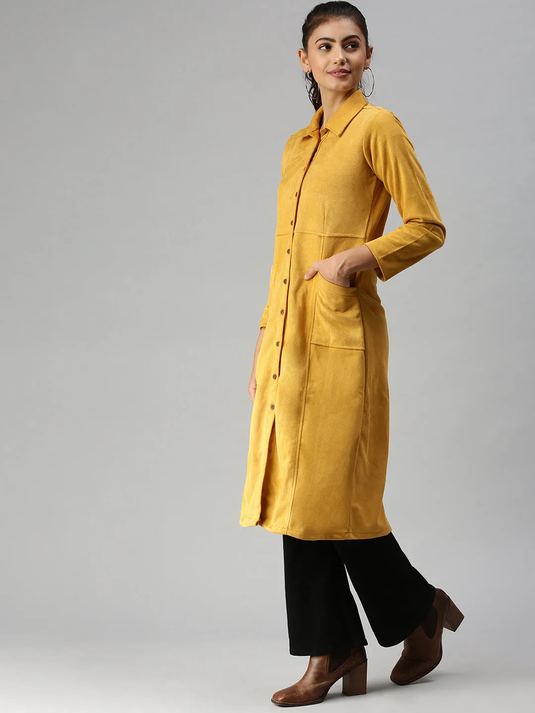 Women Mustard Suede Overcoat