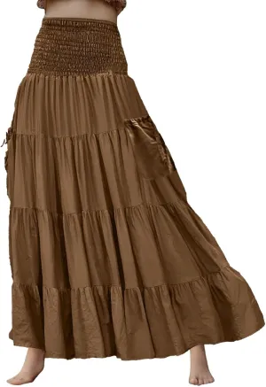 Women Ruffle Maxi Skirt 2025 Casual Boho Flowy Swing Tiered Flared A-Line Pleated Elastic Waist Midi Beach Dress,A004Brown,M