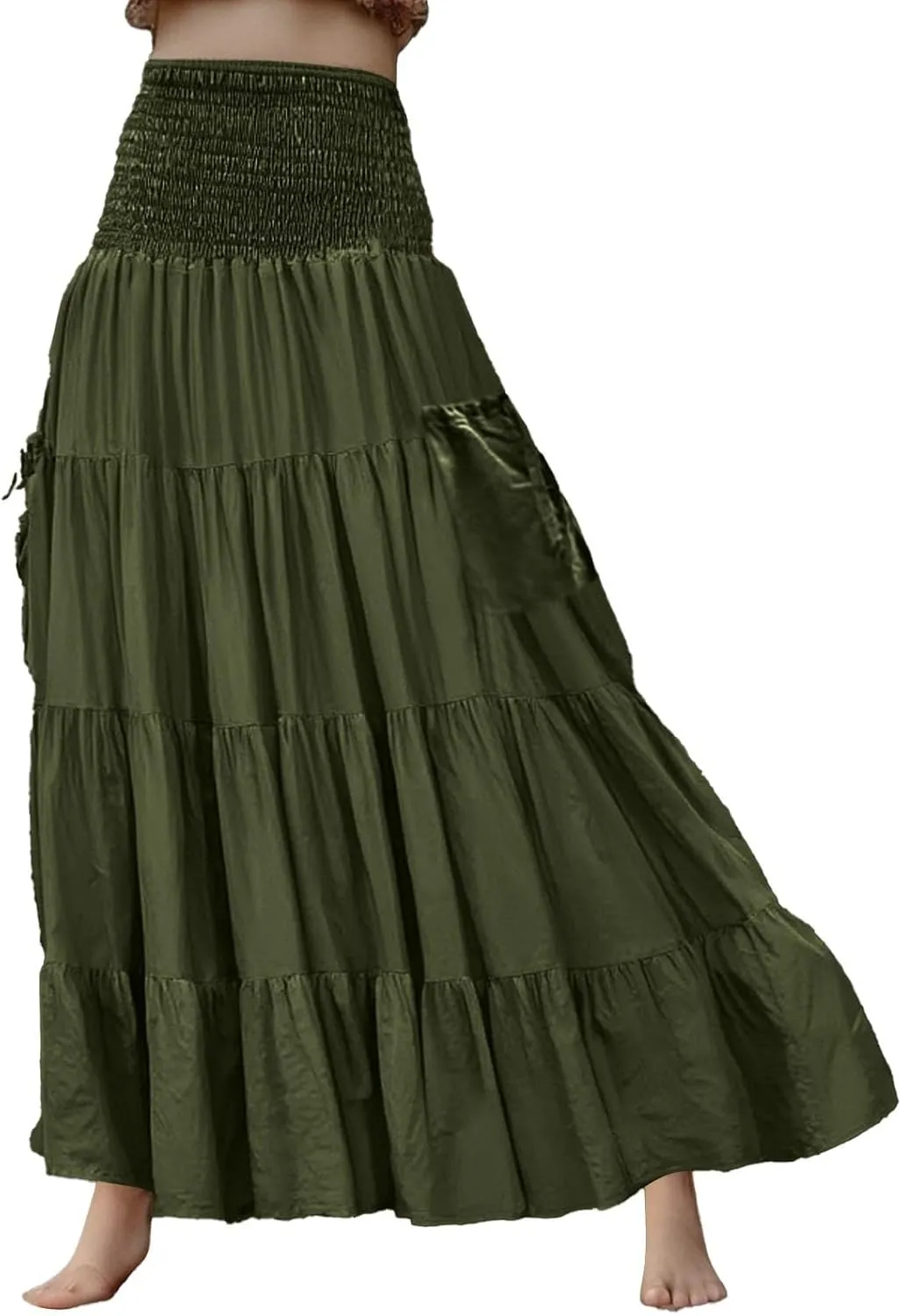 Women Ruffle Maxi Skirt 2025 Casual Boho Flowy Swing Tiered Flared A-Line Pleated Elastic Waist Midi Beach Dress,A009Army Green,XL