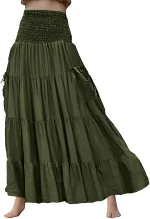 Women Ruffle Maxi Skirt 2025 Casual Boho Flowy Swing Tiered Flared A-Line Pleated Elastic Waist Midi Beach Dress,A009Army Green,XL