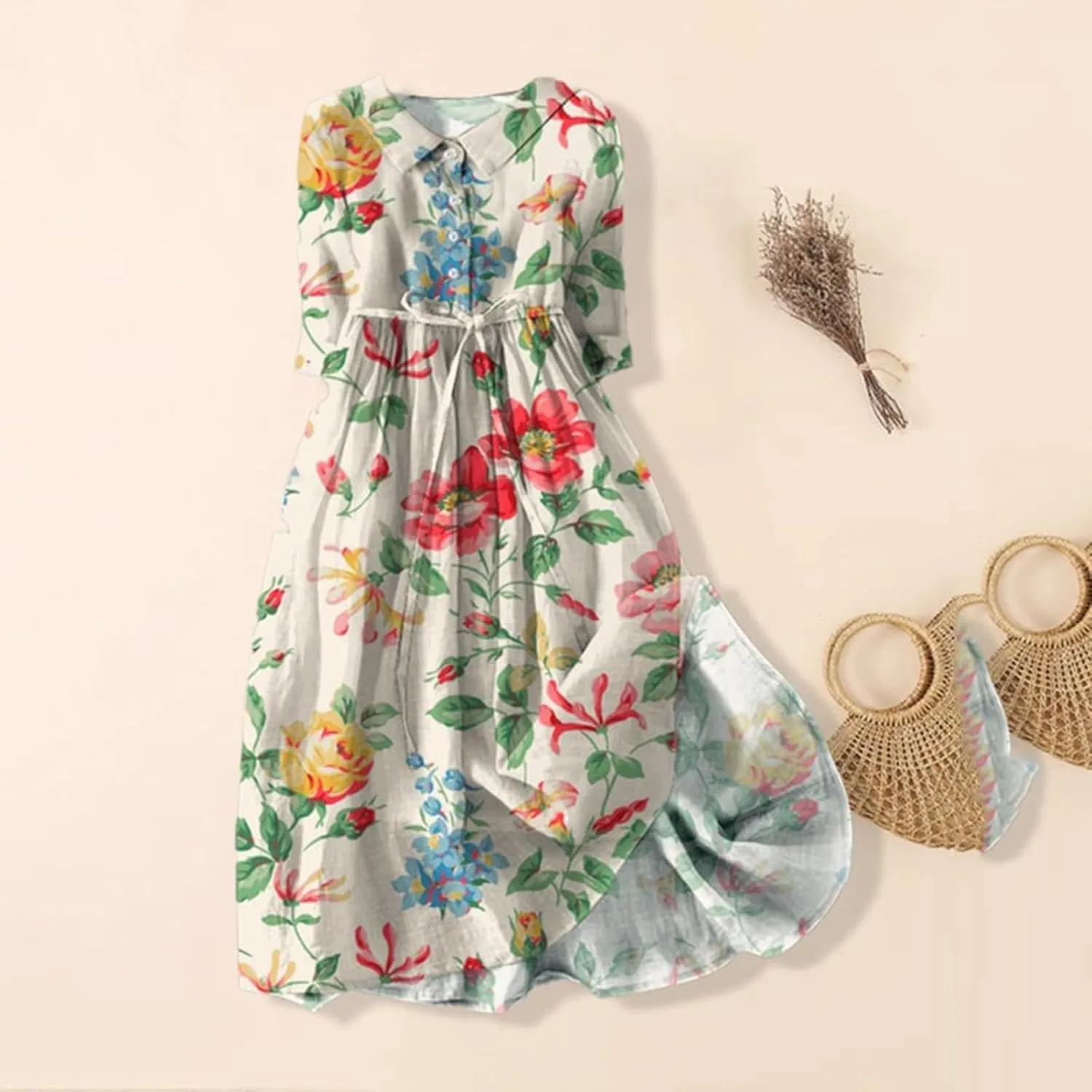 Women Summer Dresses Boho Floral Lapel Neck Button Casual Cute A-Line Lace-Up Dress Vacation Beach Flowy Long Dress