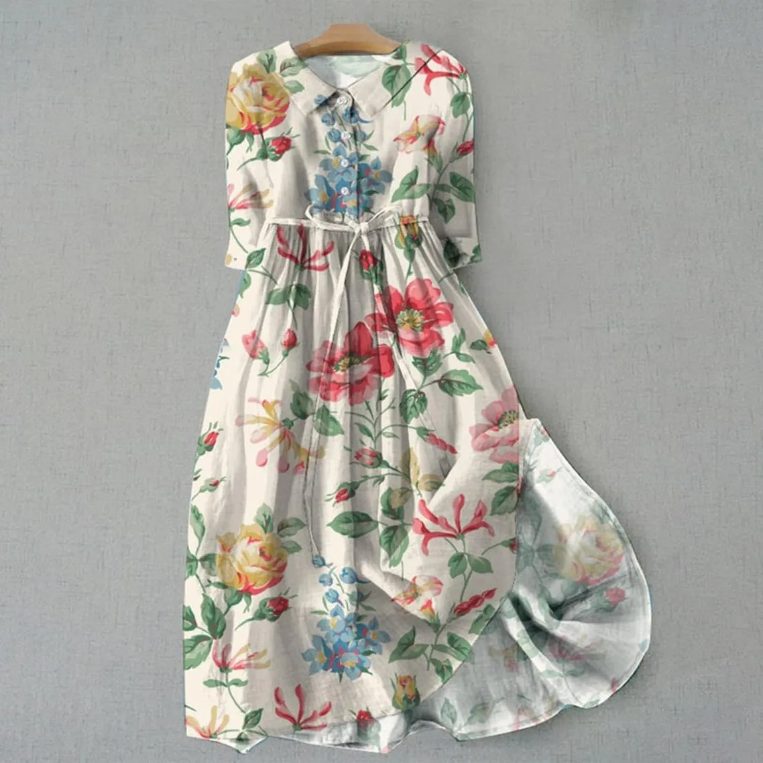 Women Summer Dresses Boho Floral Lapel Neck Button Casual Cute A-Line Lace-Up Dress Vacation Beach Flowy Long Dress