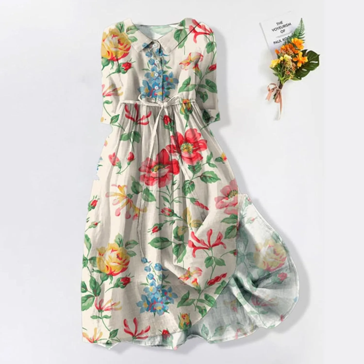 Women Summer Dresses Boho Floral Lapel Neck Button Casual Cute A-Line Lace-Up Dress Vacation Beach Flowy Long Dress