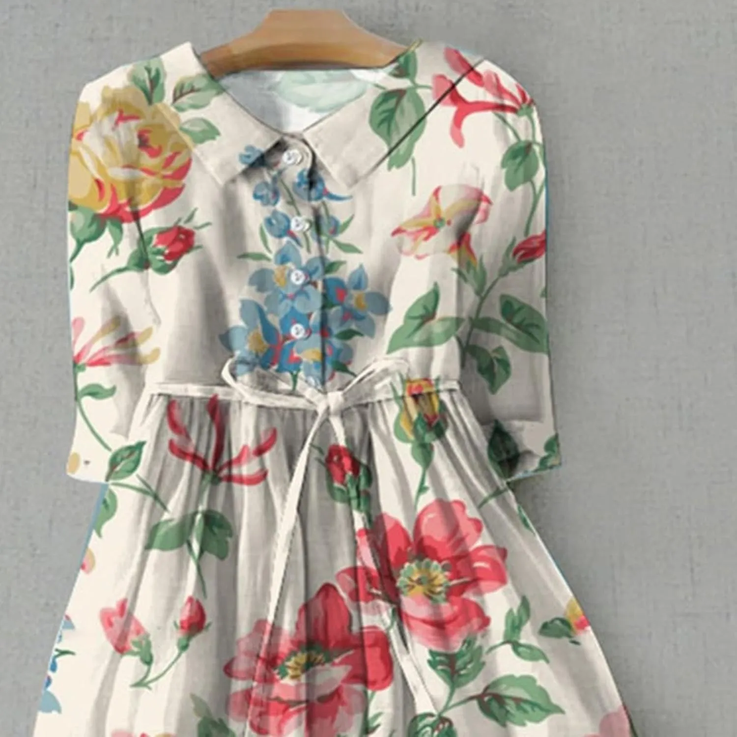 Women Summer Dresses Boho Floral Lapel Neck Button Casual Cute A-Line Lace-Up Dress Vacation Beach Flowy Long Dress