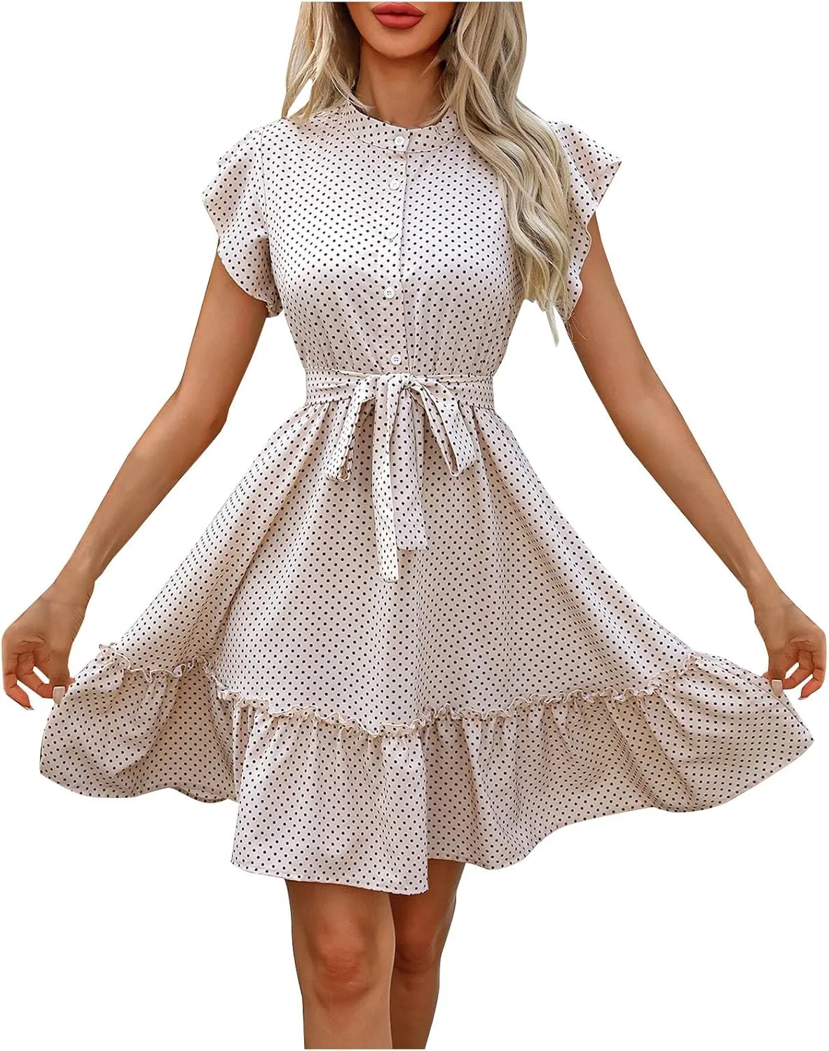 Womens Polka Dot Ruffle Dress Short Sleeve Summer Dresses Tie Waist A Line Dress Casual Mini Sundress Vacation Outfits