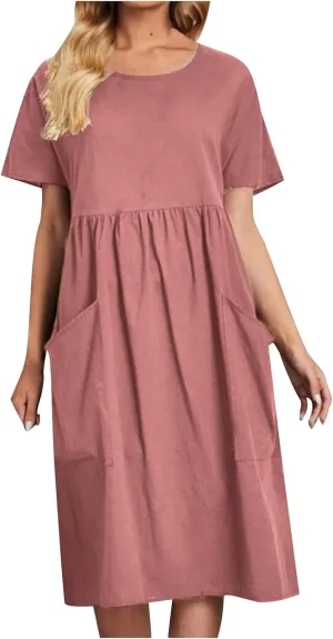 Women's Summer Dress Short Sleeve Round Neck High Waist Dresses Solid Color Cotton Midi Dress Plus Size Casual Dress