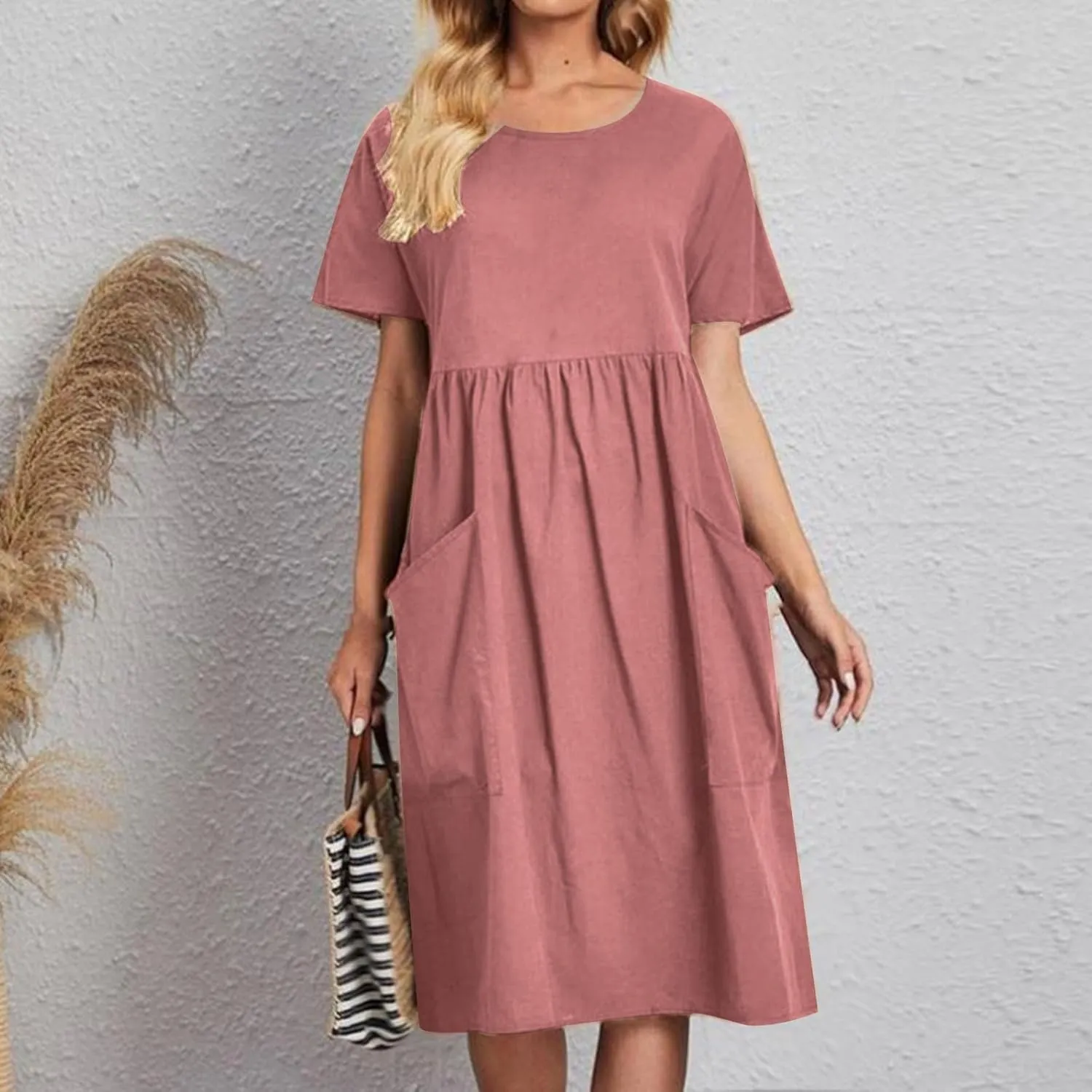 Women's Summer Dress Short Sleeve Round Neck High Waist Dresses Solid Color Cotton Midi Dress Plus Size Casual Dress