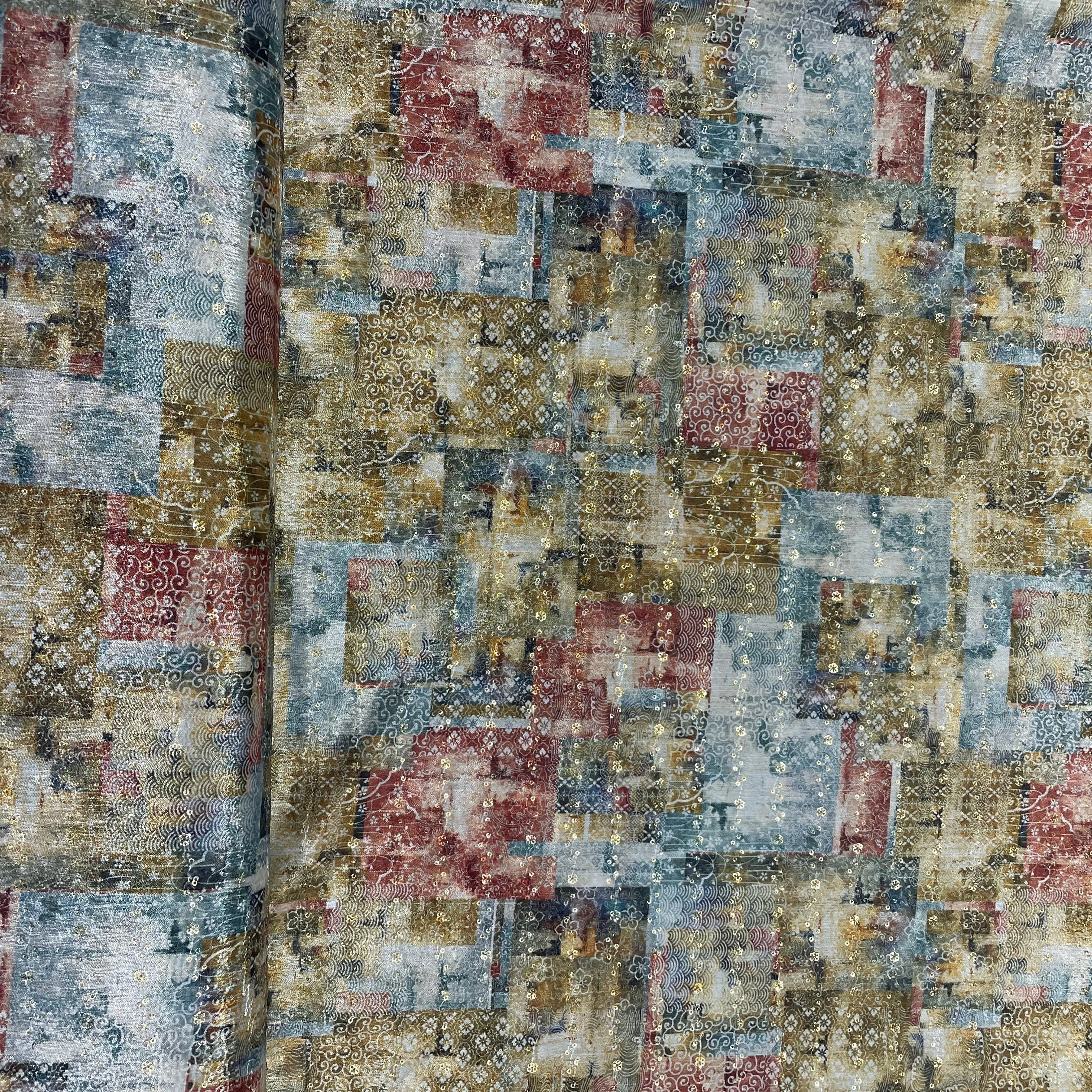 yellow & Multicolor Traditional print Chinon Fabric